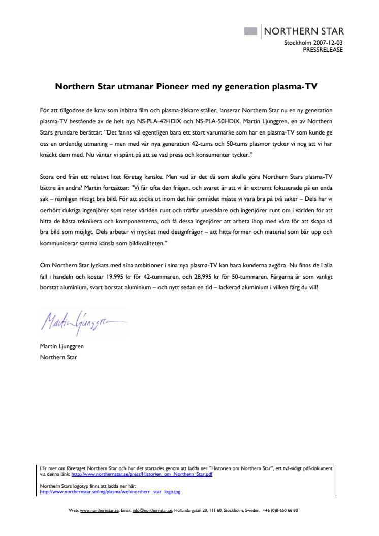 Northern Star utmanar Pioneer med ny generation plasma-TV
