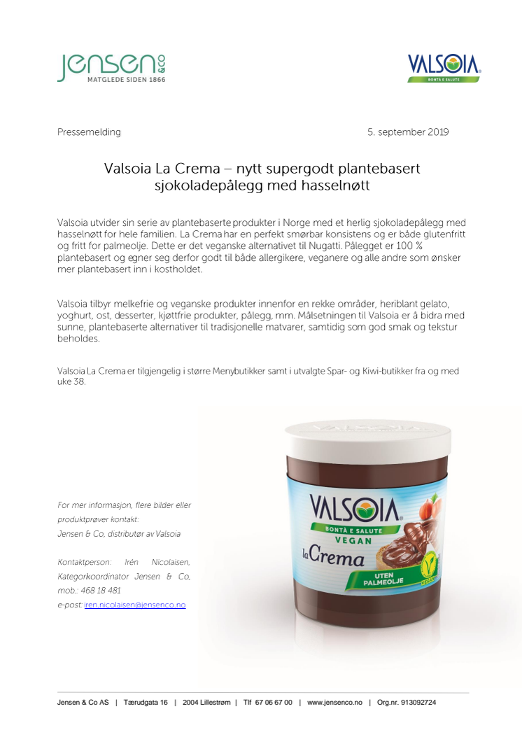 Valsoia La Crema – nytt supergodt plantebasert sjokoladepålegg med hasselnøtt