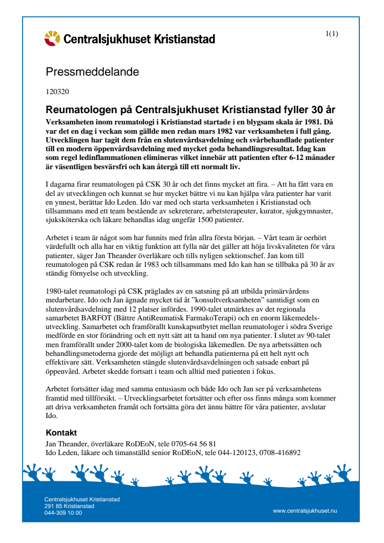 Reumatologen på Centralsjukhuset Kristianstad fyller 30 år
