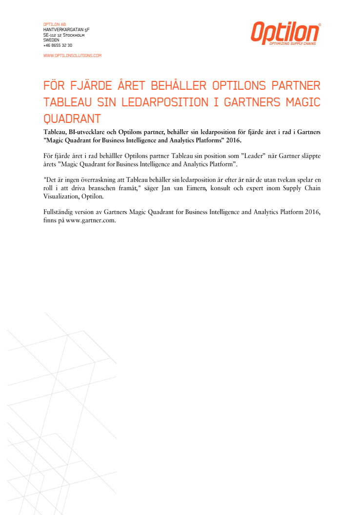 För fjärde året behåller Optilons partner Tableau sin ledarpostion i Gartners Magic Quadrant