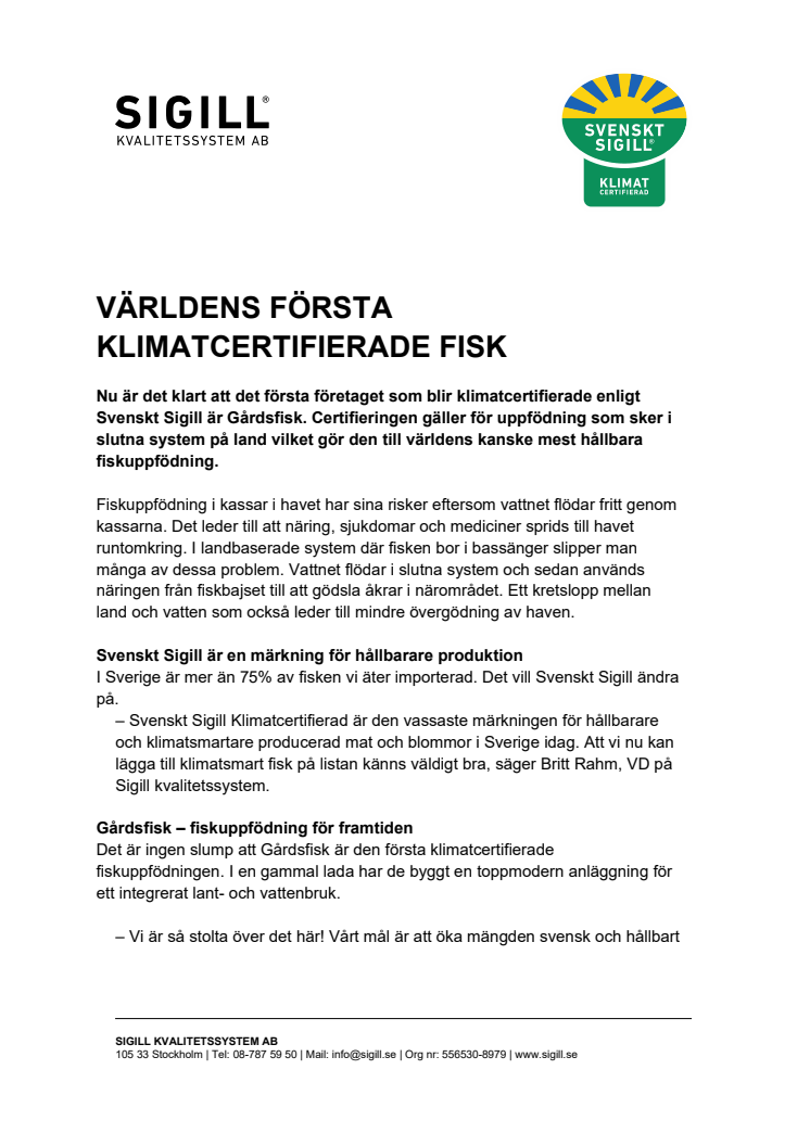 VÄRLDENS FÖRSTA KLIMATCERTIFIERADE FISK