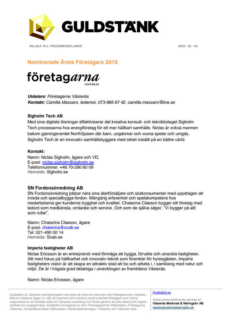 Nominerade till Västerås näringslivsgala Guldstänk 2020