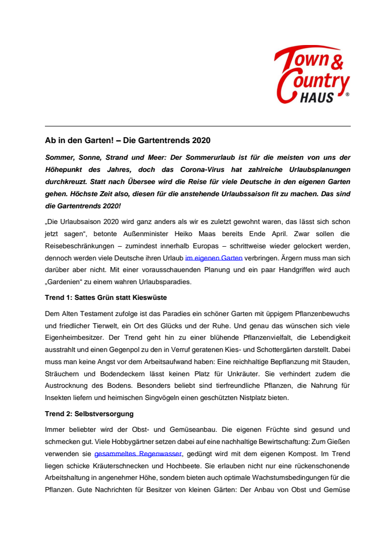 Ab in den Garten! – Die Gartentrends 2020