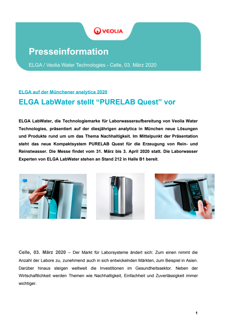 ELGA LabWater stellt “PURELAB Quest” vor