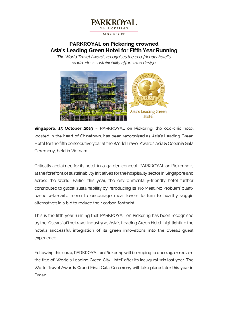 PARKROYAL on Pickering crowned Asia’s Leading Green Hotel for Fifth Year Running