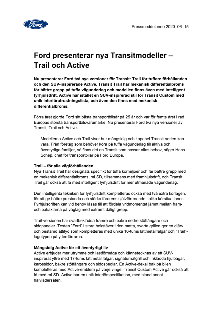 Ford presenterar nya Transitmodeller – Trail och Active