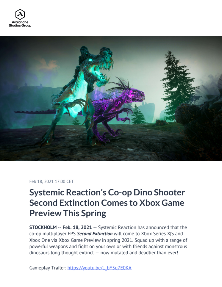 Systemic Reaction’s Co-op Dino Shooter Second Extinction Comes to Xbox Game Preview This Spring
