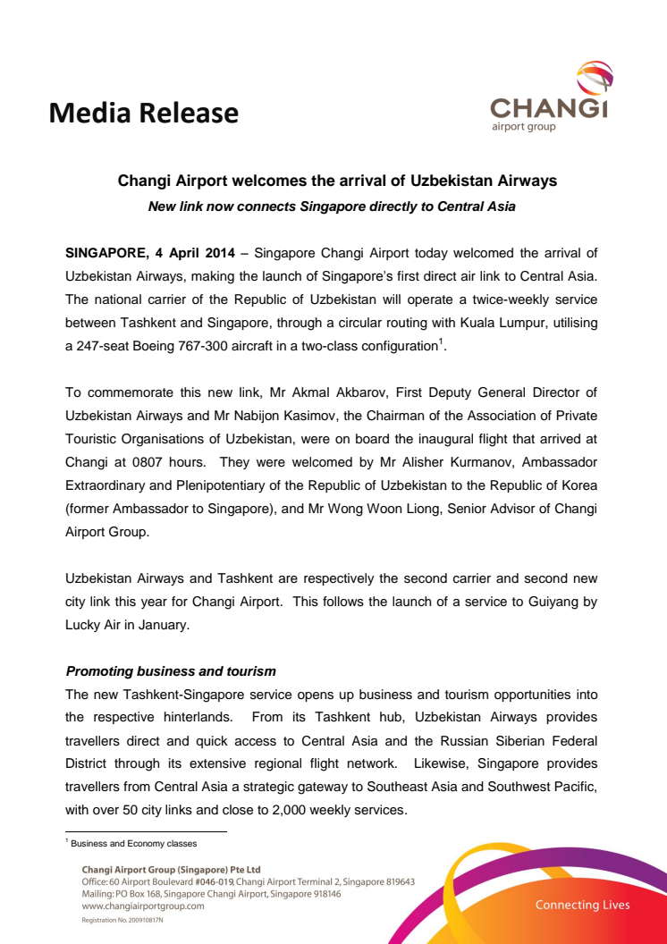 Changi Airport welcomes the arrival of Uzbekistan Airways