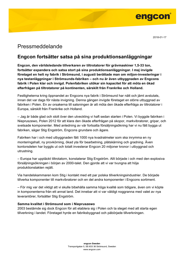 Engcon fortsätter satsa på sina produktionsanläggningar