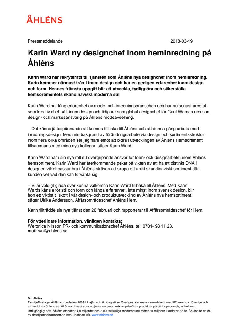 Karin Ward i nytt konsultuppdrag som designchef inom heminredning på Åhléns