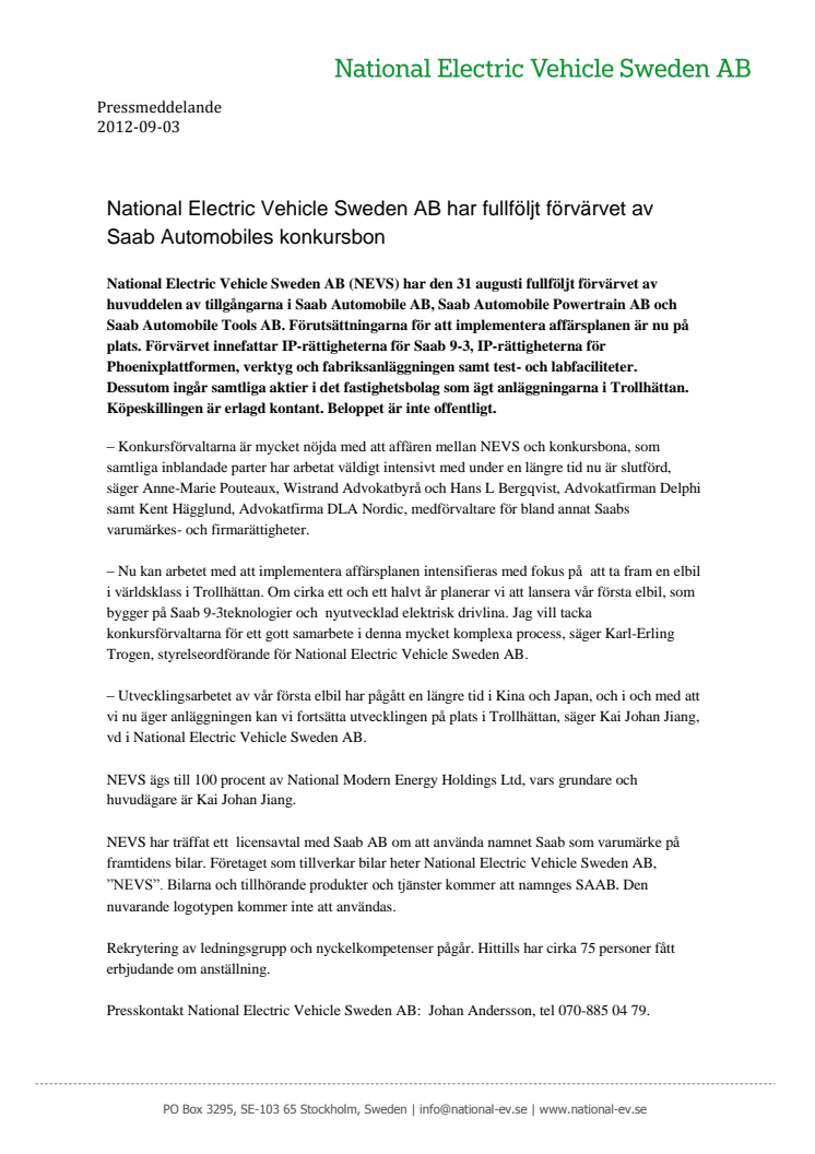 National Electric Vehicle Sweden AB har fullföljt förvärvet av Saab Automobiles konkursbon