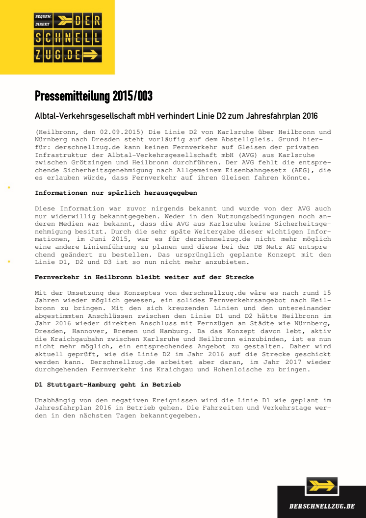 Pressemitteilung 2015/003 - AVG verhindert Linie D2 zum Jahresfahrplan 2016