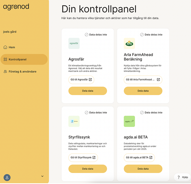 Kontrollpanelen som visar hur djurdata kan delas med Agda.ai