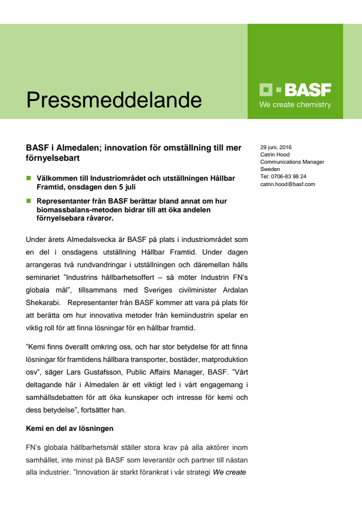 BASF i Almedalen; innovation för omställning till mer förnyelsebart