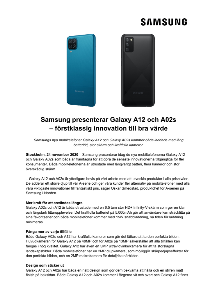 Samsung presenterar Galaxy A12 och A02s – förstklassig innovation till bra värde