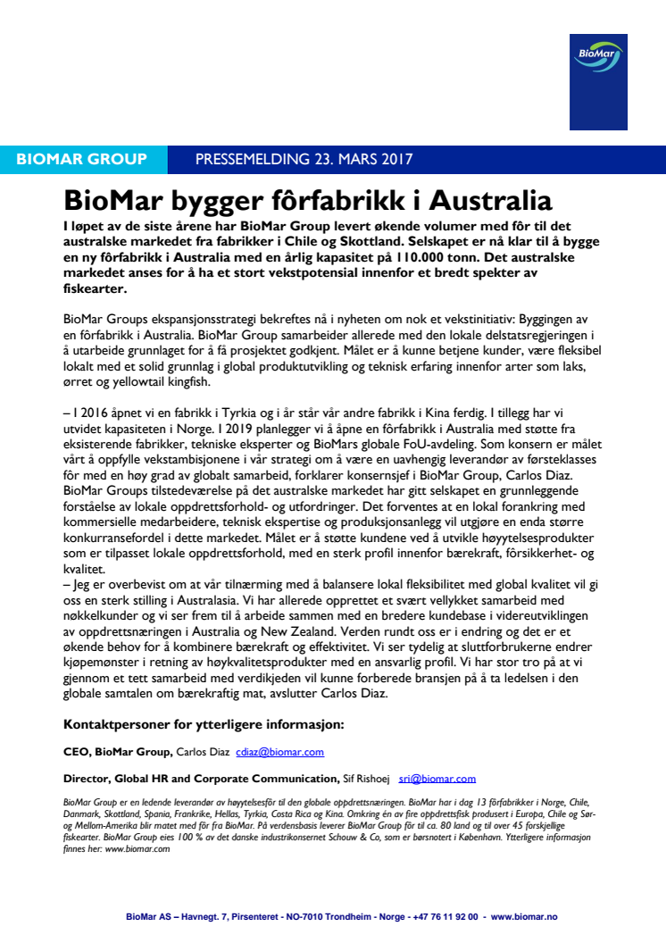 BioMar bygger fôrfabrikk i Australia