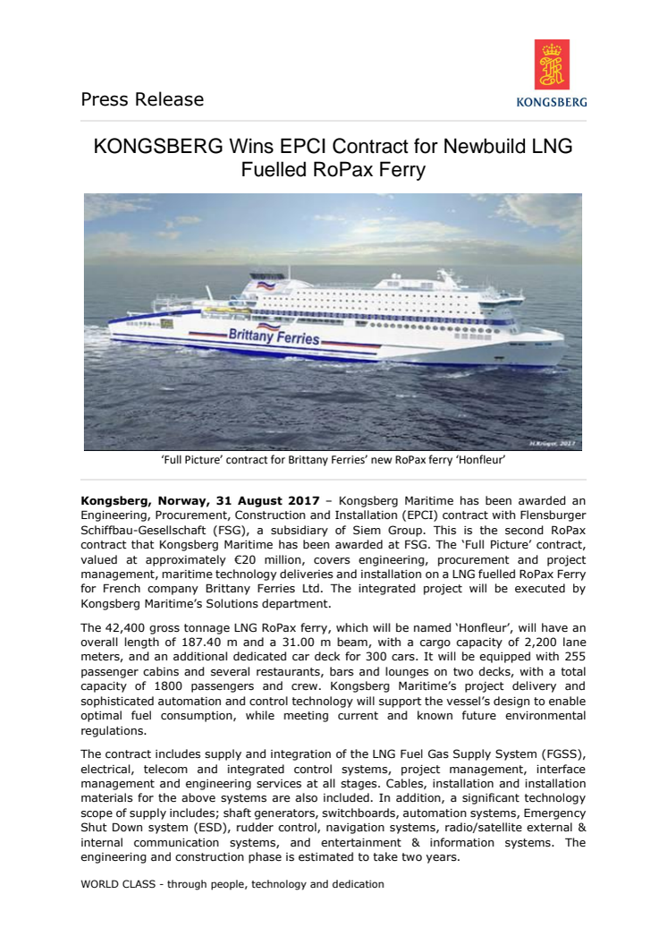 Kongsberg Maritime: KONGSBERG Wins EPCI Contract for Newbuild LNG Fuelled RoPax Ferry