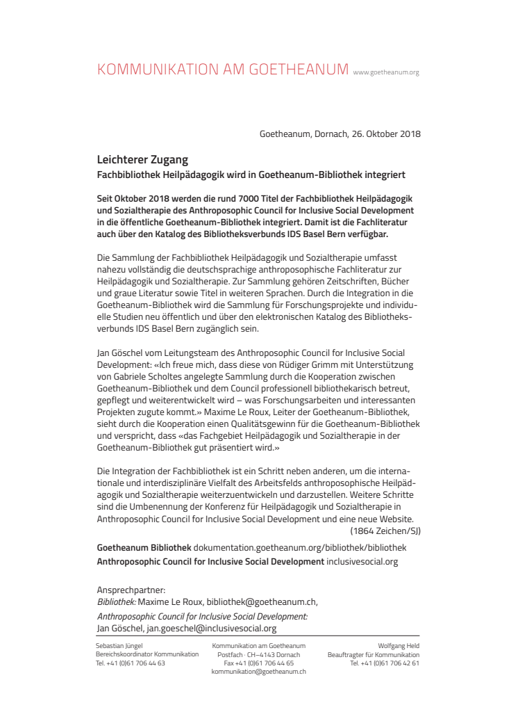 Leichterer Zugang. ​Fachbibliothek Heilpädagogik wird in Goetheanum-Bibliothek integriert