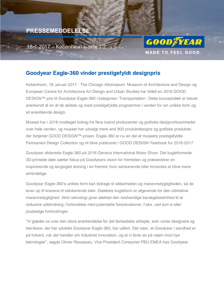 Goodyear Eagle-360 vinder prestigefyldt designpris