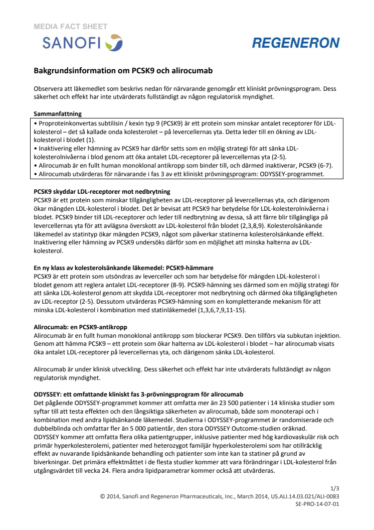 Sanofi ansöker om europeiskt godkännande för   kolesterolsänkaren alirocumab