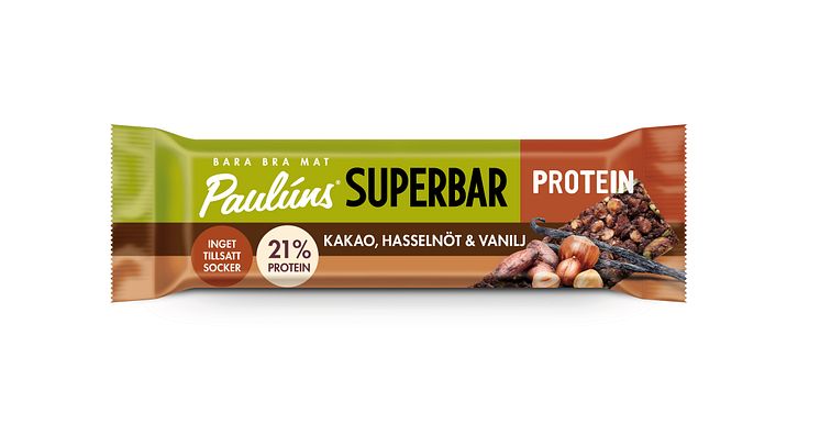 Paulúns Superbar Protein i smaken Kakao, Hasselnöt & vanilj