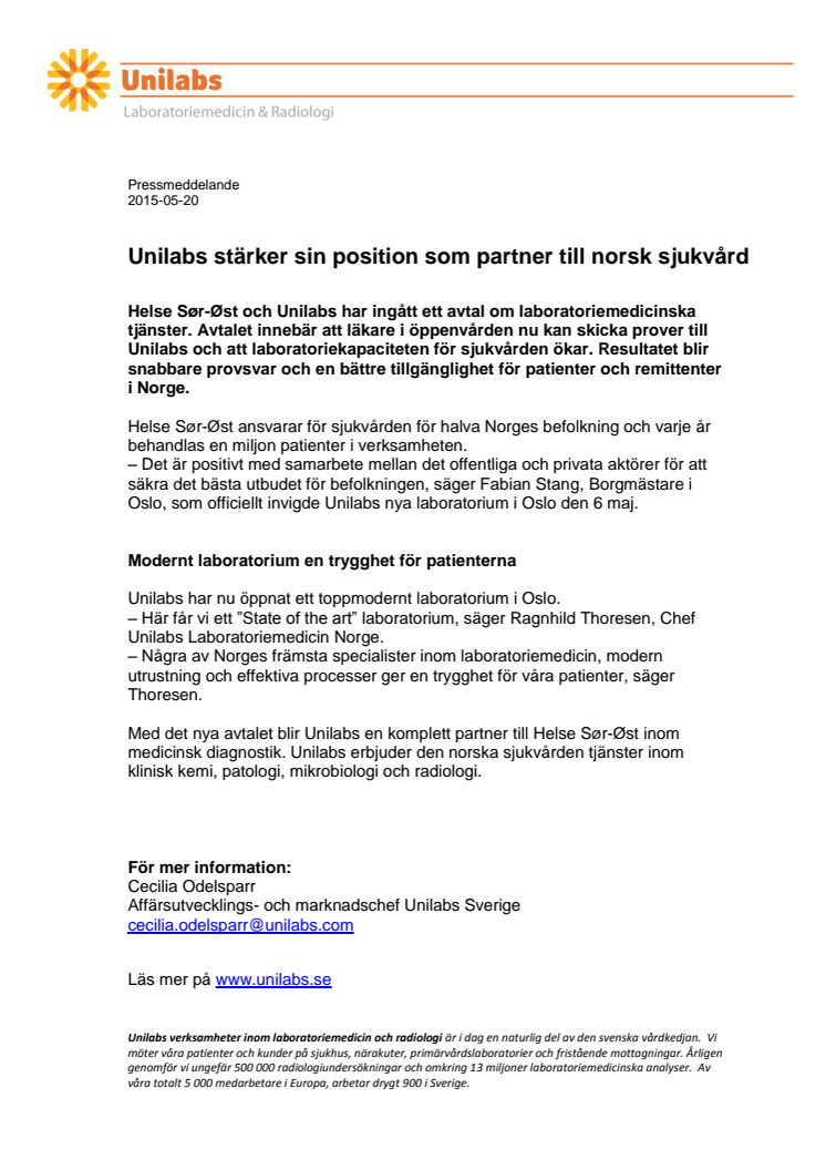 Unilabs stärker sin position som partner till norsk sjukvård