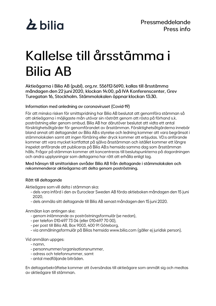 Kallelse till årsstämma i Bilia AB