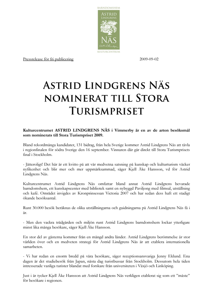 Astrid Lindgrens Näs nominerat till Stora Turispriset