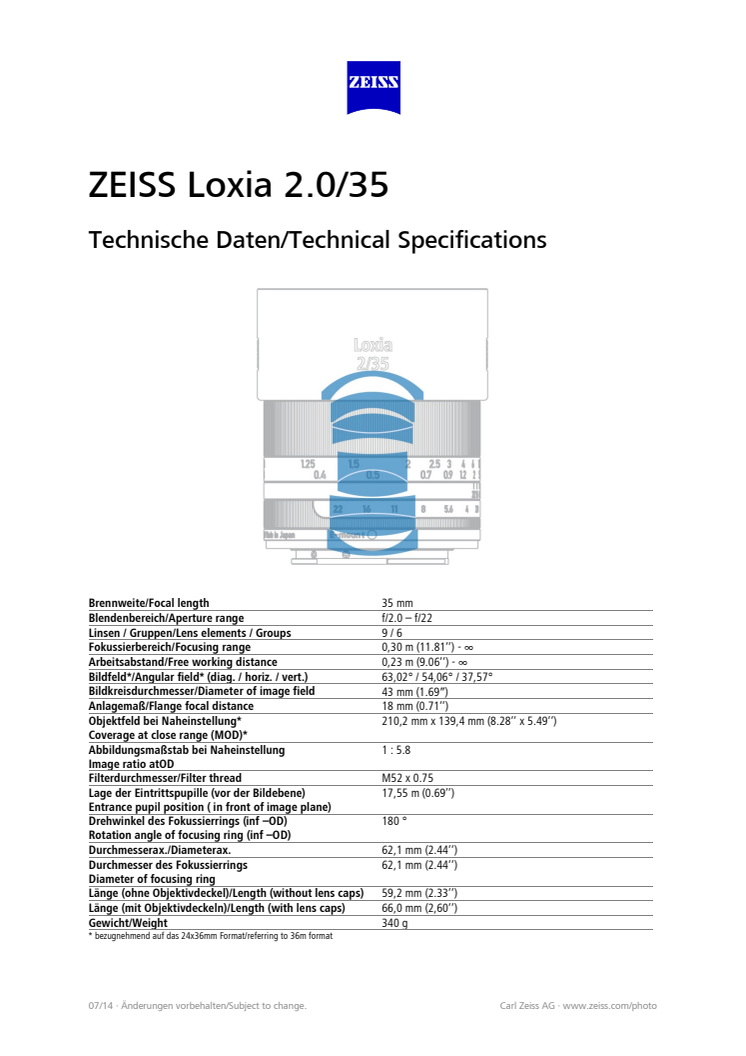 Zeiss Loxia - 35 mm F/2.0 - Tekniset tiedot