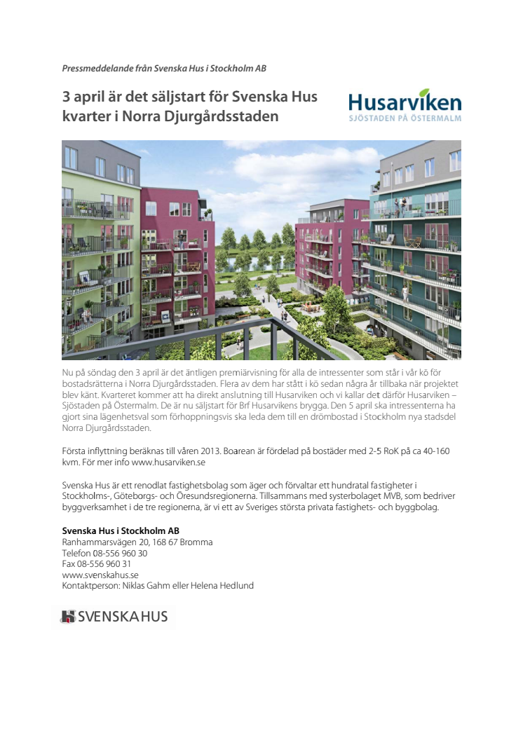 3 april är det säljstart för Svenska Hus kvarter i Norra Djurgårdsstaden