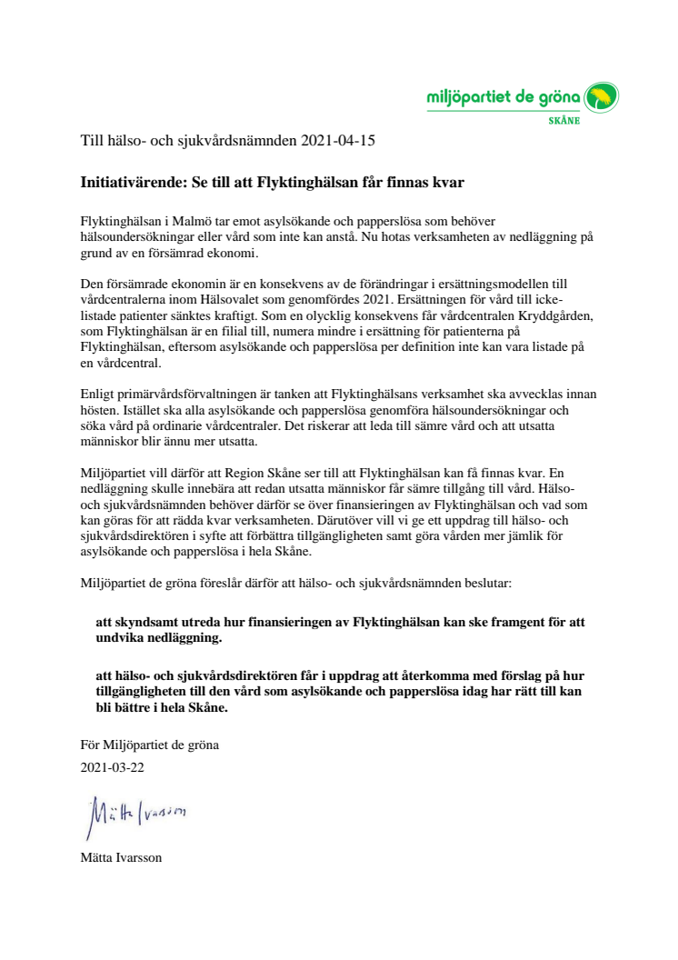 Initiativärende MP HSN Se till att Flyktinghälsan får finnas kvar.pdf