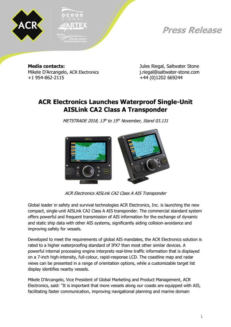 METSTRADE - ACR Electronics: ACR Electronics Launches Waterproof Single-Unit AISLink CA2 Class A Transponder