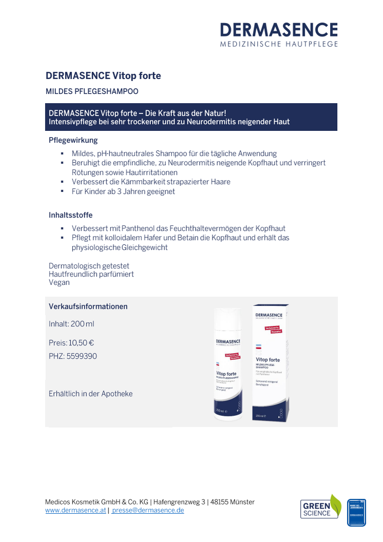 Factsheet: AT DERMASENCE Vitop forte Mildes Pflegeshampoo