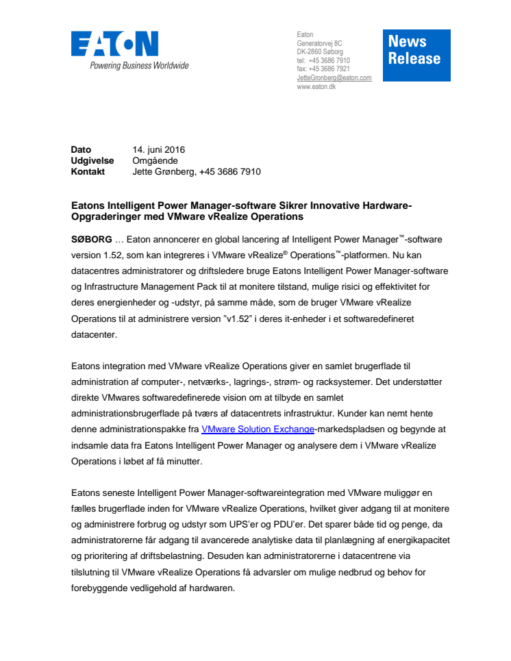  Eatons Intelligent Power Manager-software sikrer innovative hardware-opgraderinger med VMware vRealize Operations