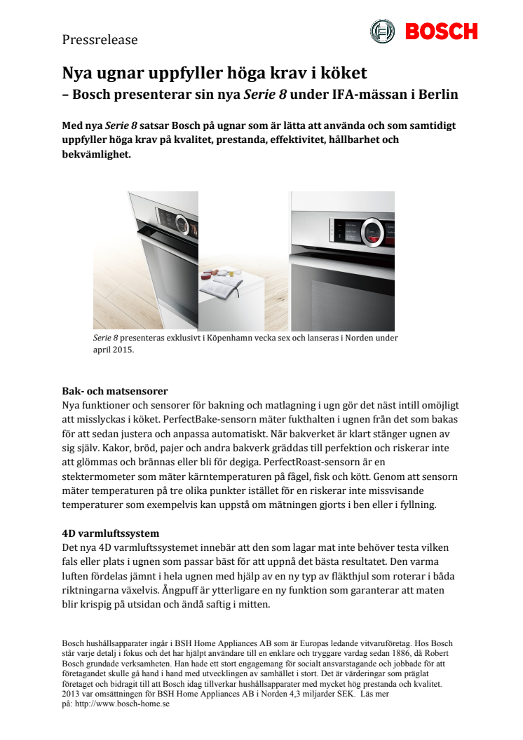 Nya ugnar uppfyller höga krav i köket – Bosch presenterar sin nya Serie 8 under IFA-mässan i Berlin 