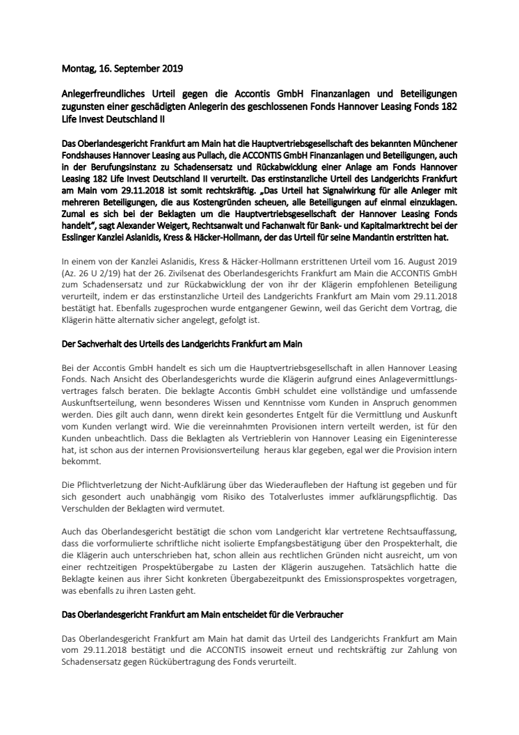 Anlegerfreundliches Urteil gegen die Accontis GmbH Finanzanlagen und Beteiligungen zugunsten einer geschädigten Anlegerin des geschlossenen Fonds Hannover Leasing Fonds 182 Life Invest Deutschland II 