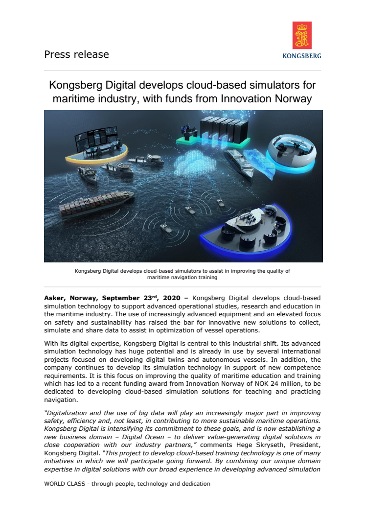 Kongsberg Digital develops cloud-based simulators for maritime industry, with funds from Innovation Norway