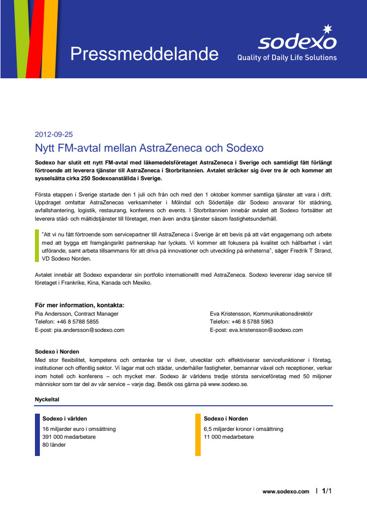 Nytt FM-avtal mellan AstraZeneca och Sodexo