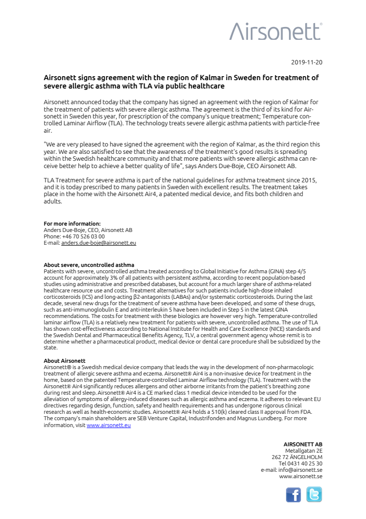 Airsonett signs agreement with the region of Kalmar in Sweden for treatment of severe allergic asthma with TLA via public healthcare