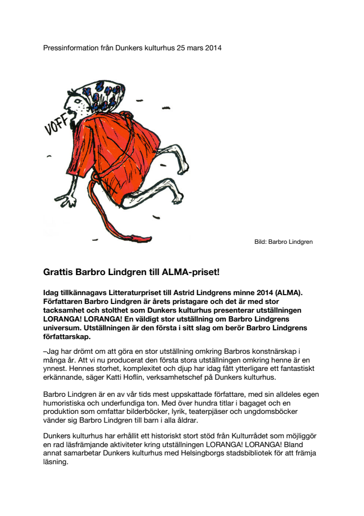 Barbro Lindgren vinner ALMA-priset och hennes universum visas på Dunkers