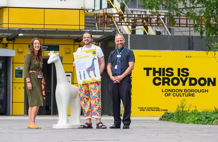 From left: Operations Manager at  Crisis Skylight Croydon, Tarron Pearson, artist, Aaron Bevan, and station manager, Paddy Hawksworth, show their excitement for the upcoming art trail