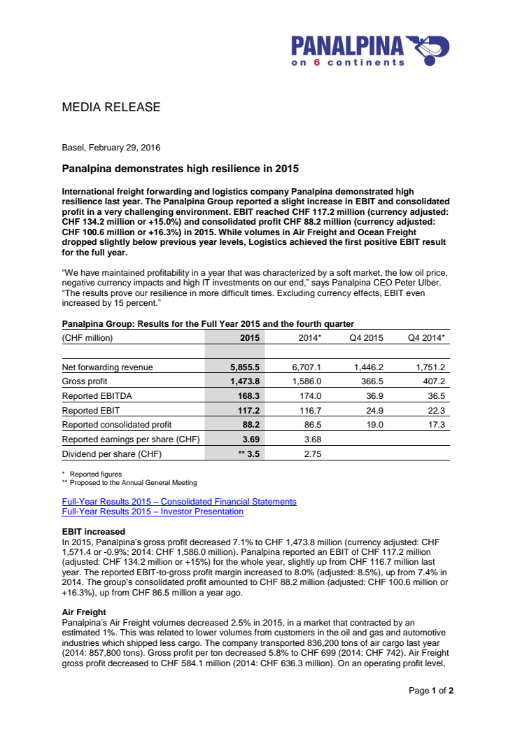 Panalpina demonstrates high resilience in 2015