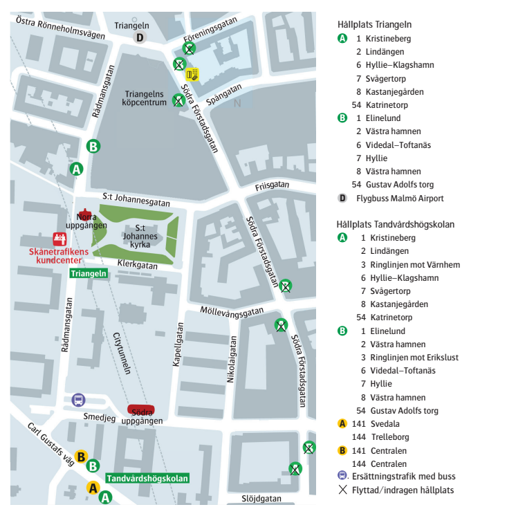 Karta med busstrafik på Triangeln. 