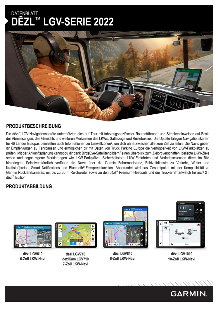 Datenblatt Garmin DEZL LGV-Serie 2022 (mit dezlCam LGV710)