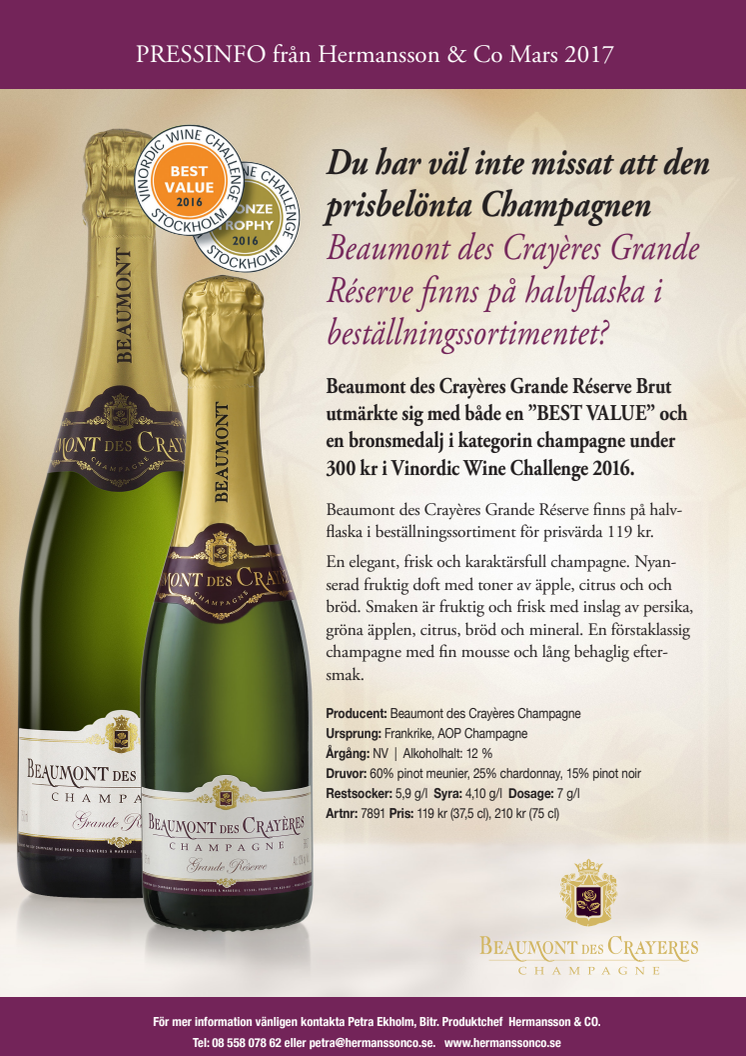 Beaumont des Crayères Grande Réserve- prisbelönt Champagne på halvflaska för prisvärda 119 kr!