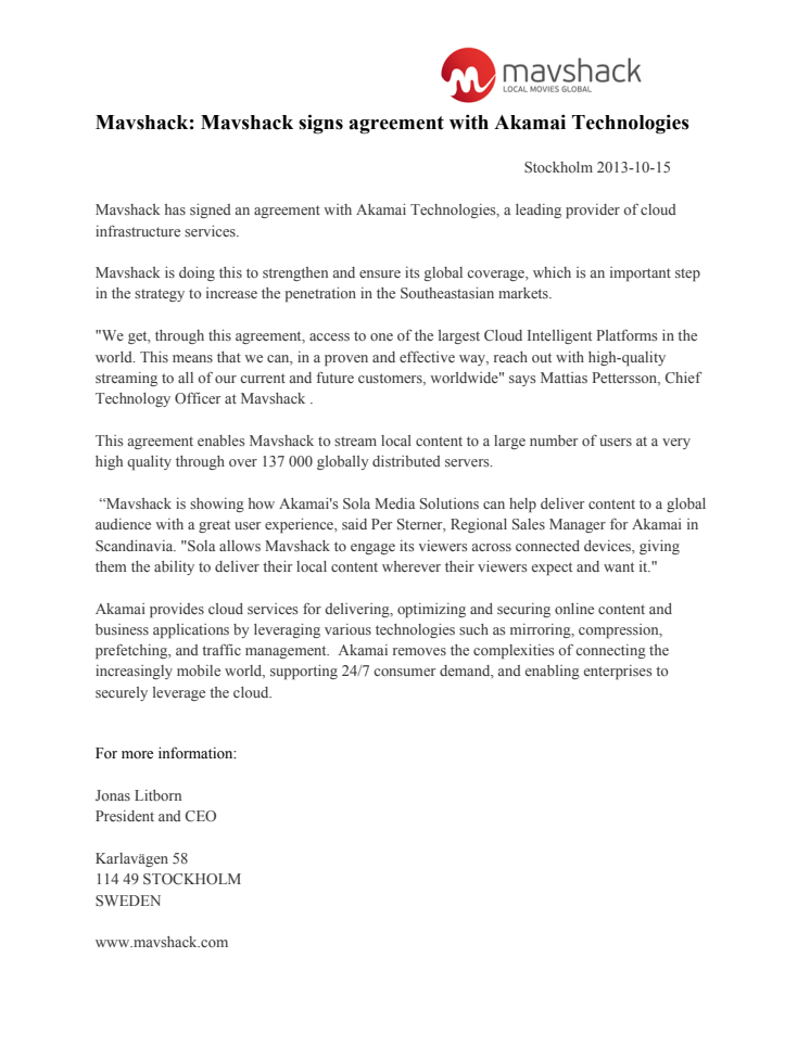 Mavshack signs agreement with Akamai Technologies
