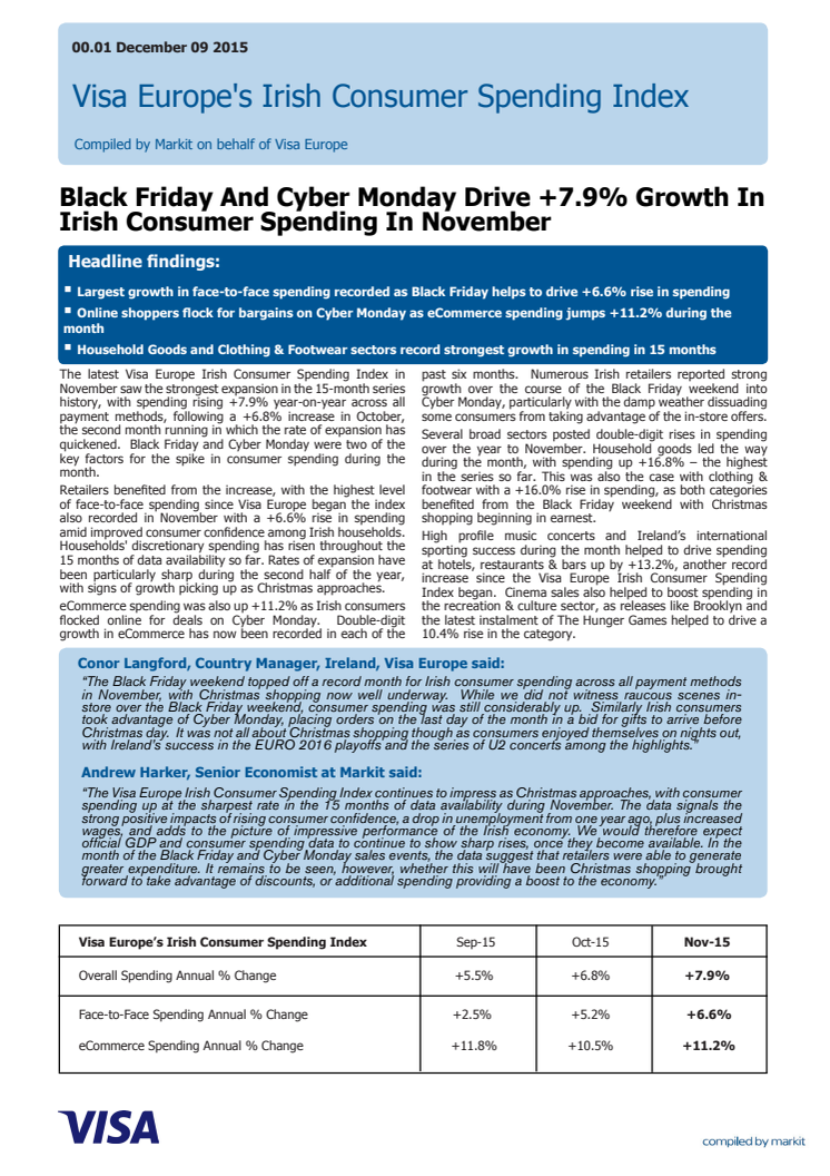  Visa Europe's Irish Consumer Spending Index - 9 December 2015
