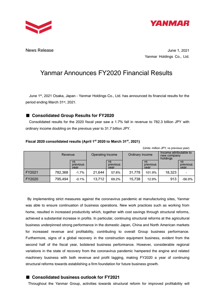 Yanmar Announces FY2020 Financial Results