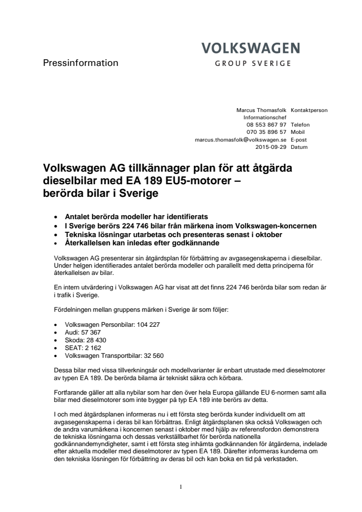 Volkswagen AG tillkännager plan för att åtgärda dieselbilar med EA 189 EU5-motorer – berörda bilar i Sverige
