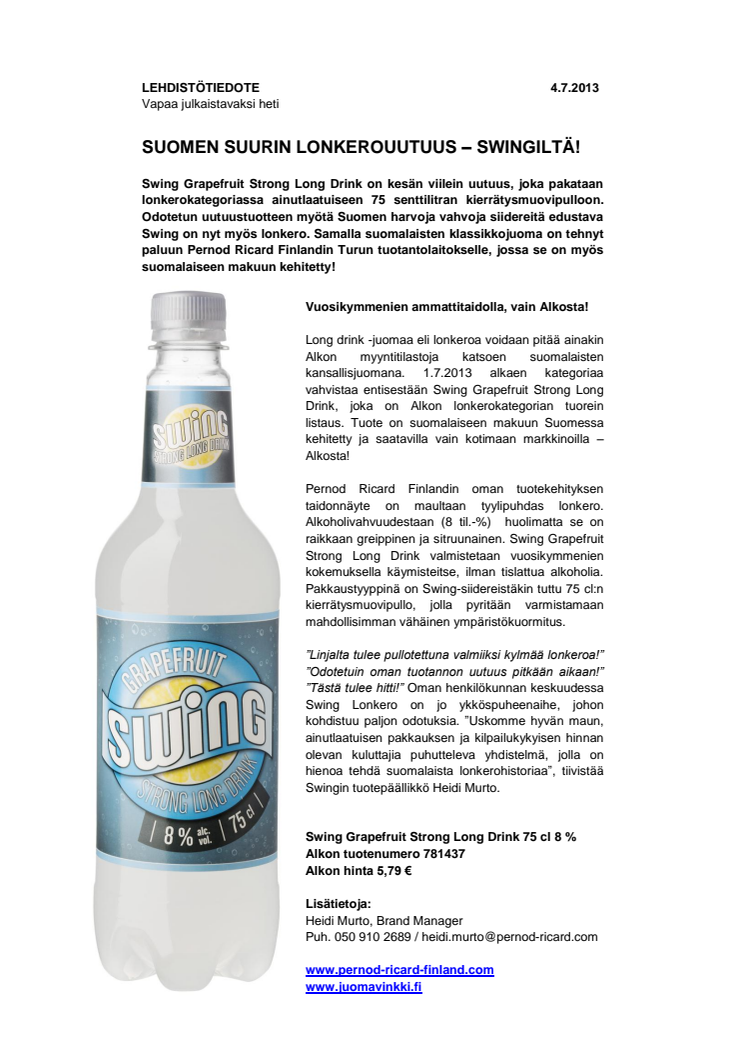 Lehdistötiedote Swing Grapefruit Strong Long Drink